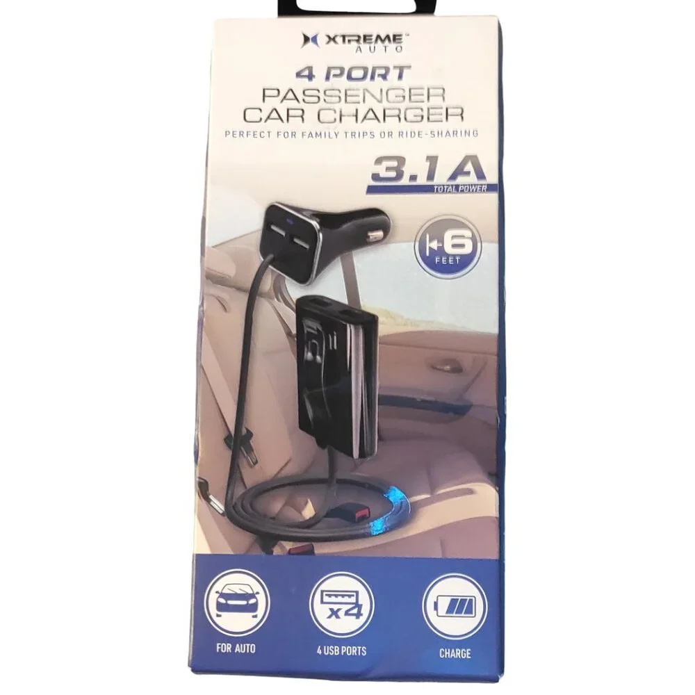 XTREME Auto 4 Port Passenger Car Charger Extension Cord 6 feet 3.1 A power NEW